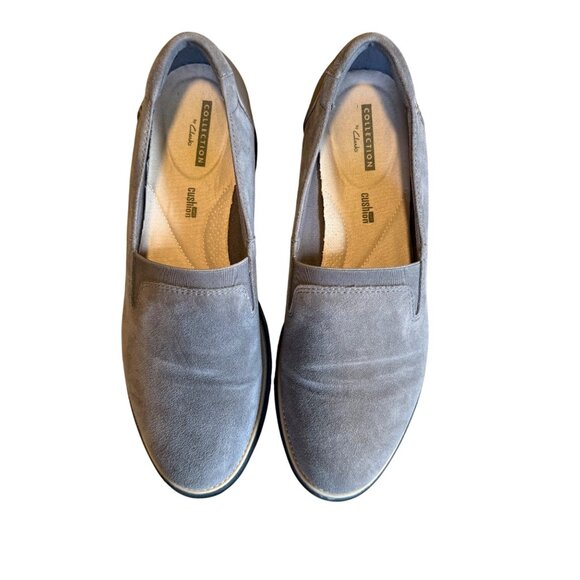 Clarks Sharon Dolly Gray Suede Wedge Loafers Women's Size 9M Comfort Slip-on - Picture 1 of 9